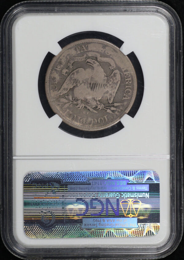 Reverse of this (1877)  MO R-MO-UN-7 Sprague & Blodgett Georgia Minstrels Admit One Token On 1876-CC Seated Liberty Half Dollar NGC VG-10
