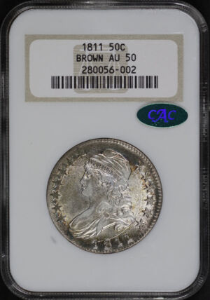 Obverse of this 1811 Capped Bust Half Dollar NGC AU-50 CAC Brown Collection Old Fatty Holder
