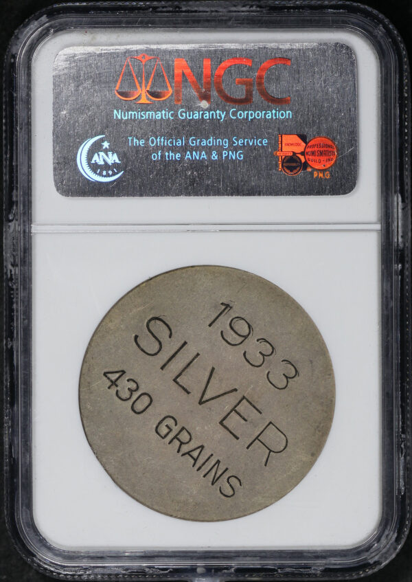 Reverse of this 1933 NV HK-821 Sterling Investment Company Medal So-Called Dollar NGC AU-53