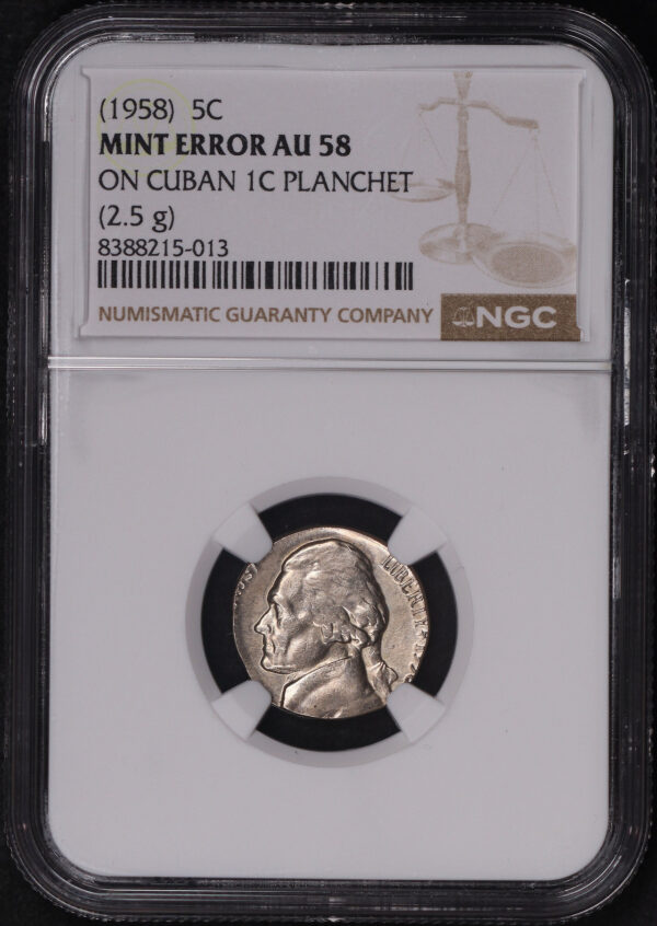 Obverse of this (1958) Jefferson Nickel 5C NGC AU-58 On Cuban 1C Planchet (2.5g)