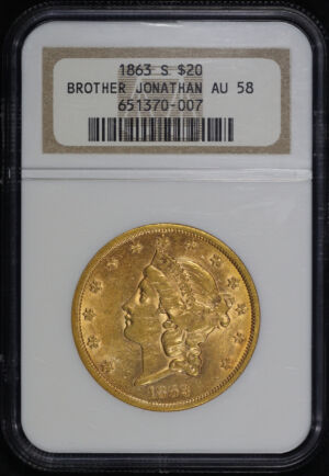 Obverse of this 1863-S Liberty Head $20 Type 1 NGC AU-58 Brother Jonathan Shipwreck
