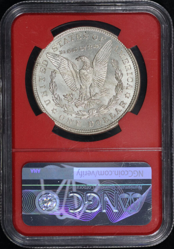 Reverse of this 1921 Morgan Morgan Dollar S$1 Partial Collar NGC MS-63 Mint Error Red Core Edmund C. Moy Signature Label 