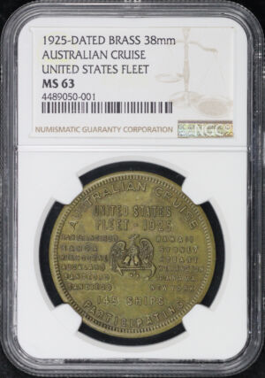 Obverse of this 1925-Dated United States Fleet Australian Cruise Brass 38mm Medal NGC MS-63