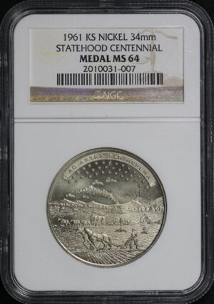 Obverse of this 1961 Kansas Statehood Centennial Nickel  34mm Medal NGC MS-64