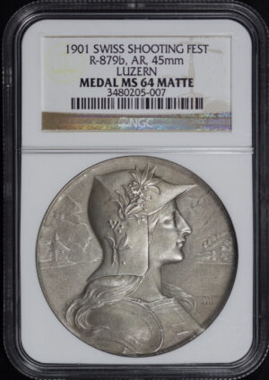 Obverse of this 1901 R-879b Swiss Shooting  Fest Silver 45mm Luzern Medal NGC MS-64 Matte