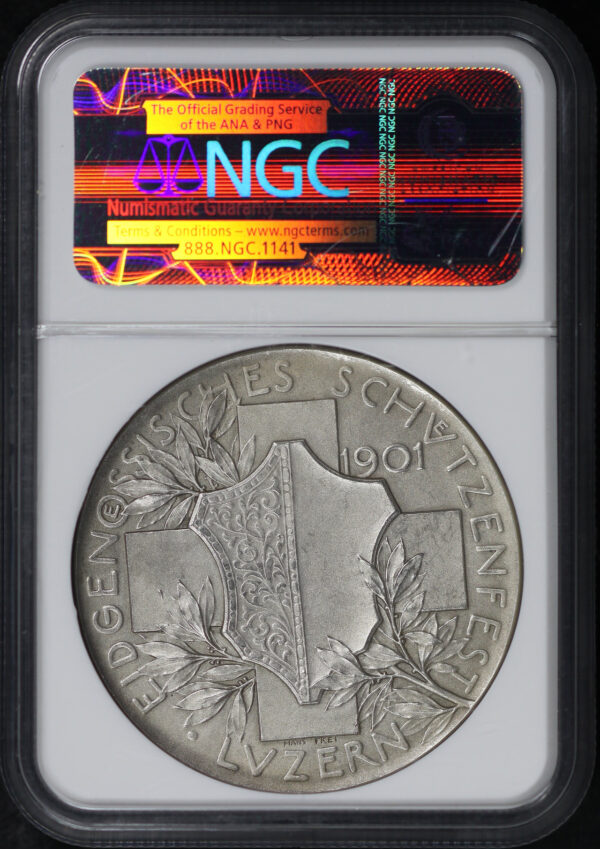 Reverse of this 1901 R-879b Swiss Shooting  Fest Silver 45mm Luzern Medal NGC MS-64 Matte