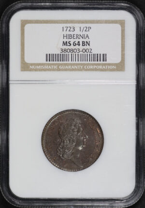 Obverse of this 1723  1/2P Hibernia NGC MS-64 BN