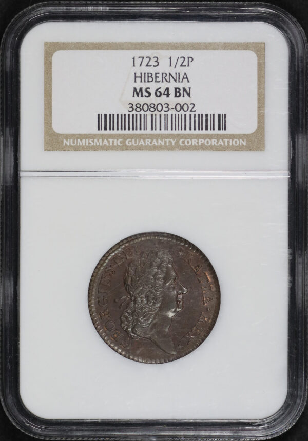 Obverse of this 1723  1/2P Hibernia NGC MS-64 BN