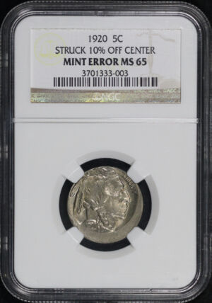 Obverse of this 1920 Buffalo Nickel NGC MS-65 Struck 10% off Center Mint Error