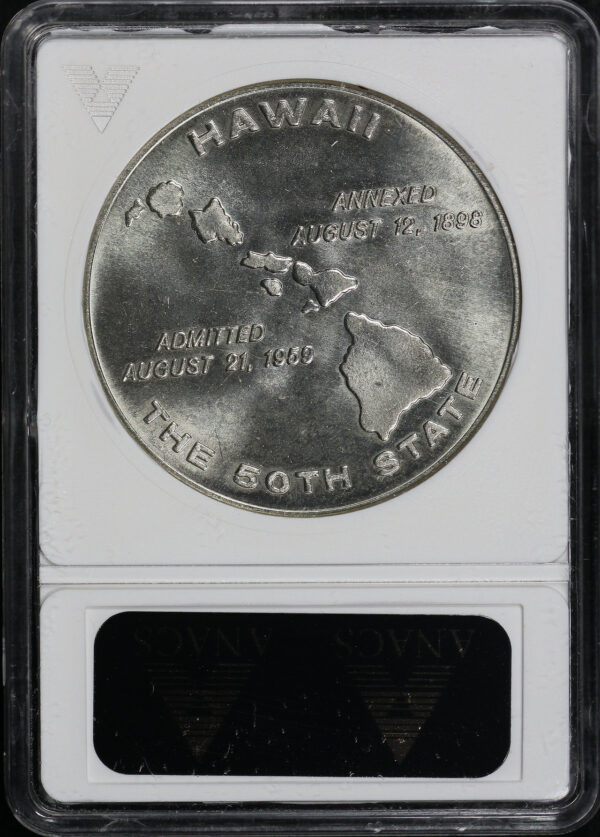 Reverse of this 1959 HI HK-547 Hawaii Statehood Flag Day So-Called Dollar ANACS MS-65 First Generation Holder