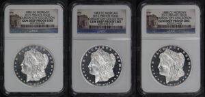Obverse of this 2015 Private Issue 1886-CC, 1887-CC and 1888-CC Morgan Restrike Set NGC Gem Deep Proof Like. 