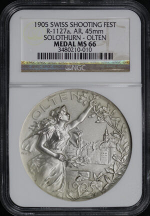 Obverse of this 1905 R-1127a Swiss Shooting Fest Silver 45mm Solothurn-Olten Medal NGC MS-66