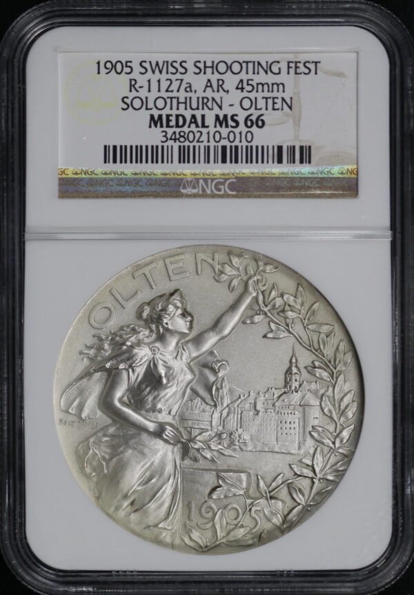 Obverse of this 1905 R-1127a Swiss Shooting Fest Silver 45mm Solothurn-Olten Medal NGC MS-66