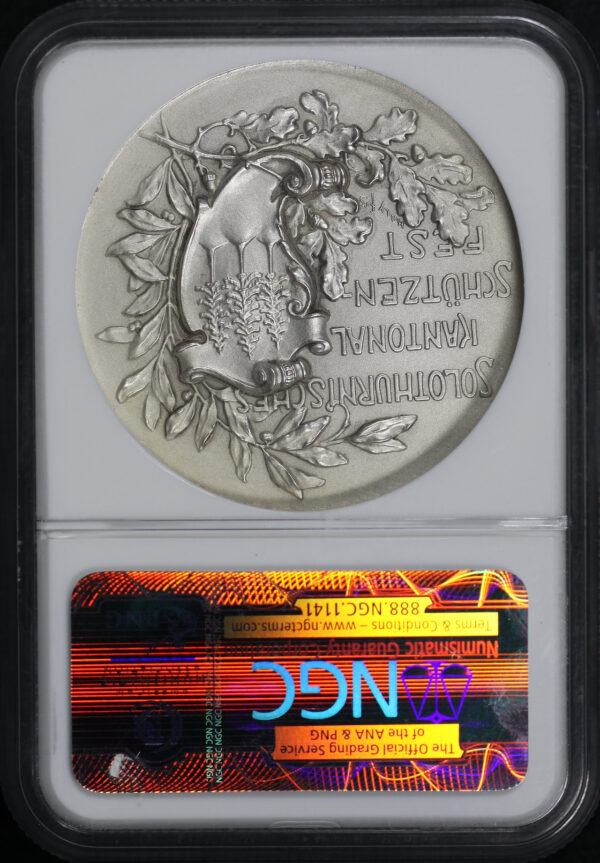 Reverse of this 1905 R-1127a Swiss Shooting Fest Silver 45mm Solothurn-Olten Medal NGC MS-66