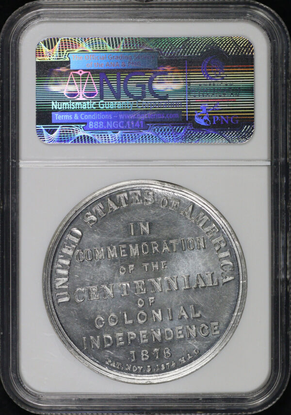 Reverse of this 1876 PA HK-74  U.S. Centennial Exposition Declaration of Independence So-Called Dollar NGC MS-66 PL Jeff Shelvin Collection