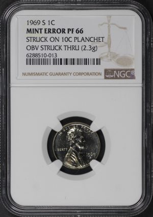 Obverse of this 1969-S Lincoln Memorial Cent NGC PF-66 Mint Error Struck On 10c Planchet, Obv. Struck Thru (2.3g)