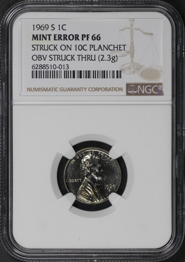 Obverse of this 1969-S Lincoln Memorial Cent NGC PF-66 Mint Error Struck On 10c Planchet, Obv. Struck Thru (2.3g)