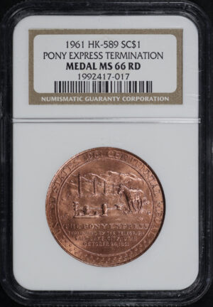 Obverse of this 1961 HK-589 Pony Express Termination Medal So-Called Dollar NGC MS-66 RD