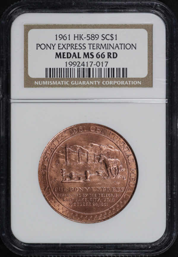 Obverse of this 1961 HK-589 Pony Express Termination Medal So-Called Dollar NGC MS-66 RD