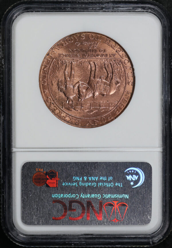 Reverse of this 1961 HK-589 Pony Express Termination Medal So-Called Dollar NGC MS-66 RD