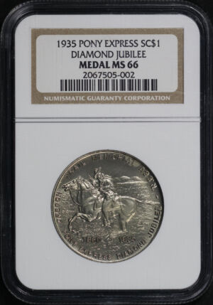 Obverse of this 1935 Pony Express Diamond Jubilee Medal So-Called Dollar NGC MS-66