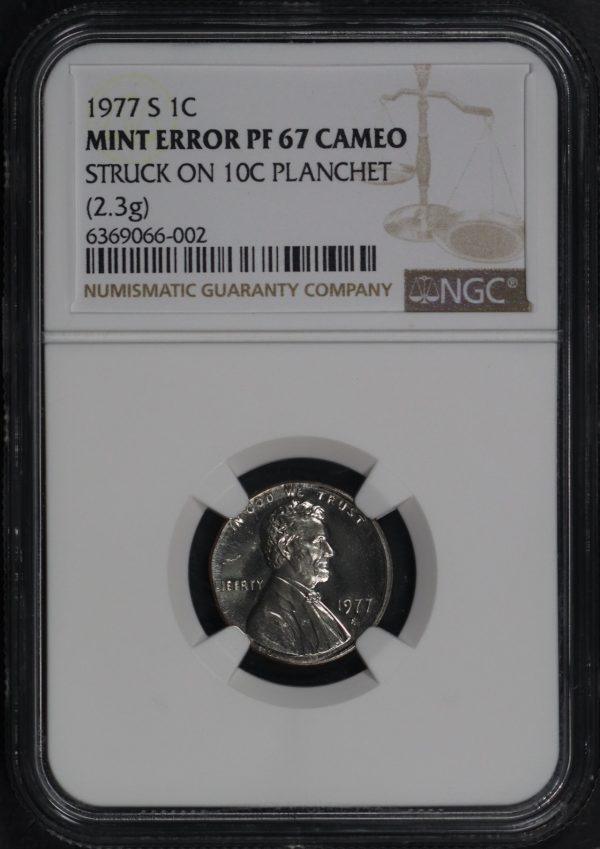 Obverse of this 1977-S Lincoln Cent Modern NGC PF-67 MINT ERROR Struck On 10c Planchet