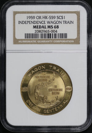 Obverse of this 1959 OR HK-559 Independence Wagon Train Medal So-Called Dollar NGC MS-68
