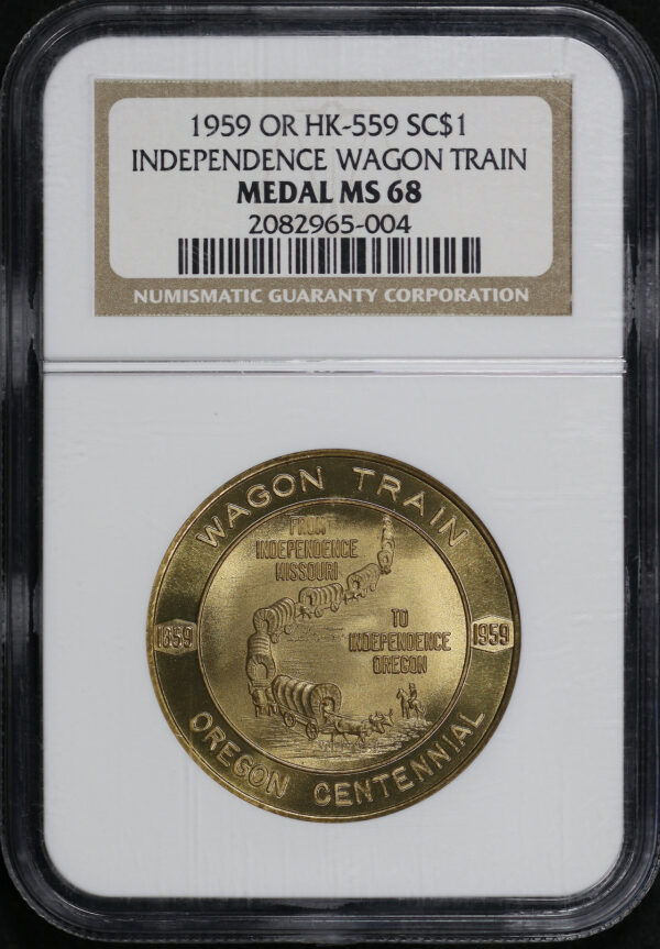 Obverse of this 1959 OR HK-559 Independence Wagon Train Medal So-Called Dollar NGC MS-68
