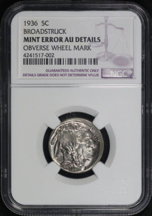 Obverse of this 1936 Buffalo Nickel NGC AU Details Obverse Wheel Mark Broadstruck Mint Error