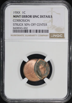 Obverse of this 19XX Lincoln Memorial Cent NGC UNC Details Corrosion Mint Error Struck 50% Off Center