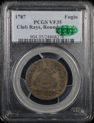 Obverse of this 1787 Fugio 1C Club Rays Rounded Ends PCGS VF-35 BN CAC
