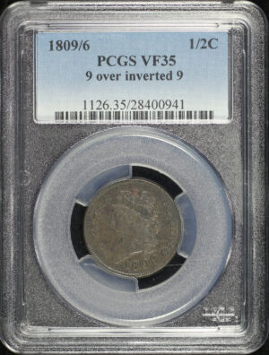 Obverse of this 1809/6 Classic Head Half Cent 9 over Inverted 9 PCGS VF-35 BN