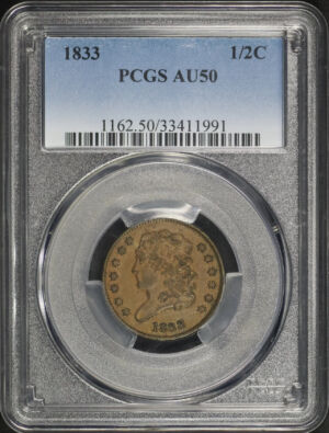 Obverse of this 1833 Classic Head Half Cent PCGS AU-50 BN