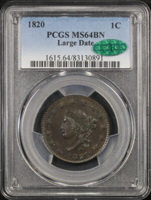 Obverse of this 1820 Coronet Head Cent Large Date PCGS MS-64 BN CAC
