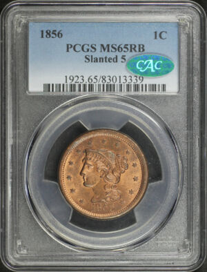 Obverse of this 1856 Braided Hair Cent Slanted 5 PCGS MS-65 RB CAC