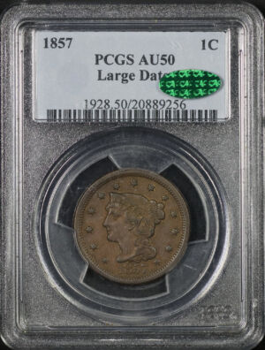 Obverse of this 1857 Braided Hair Cent Large Date PCGS AU-50 BN CAC