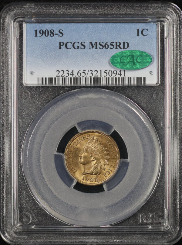 Obverse of this 1908-S Indian Cent PCGS MS-65 RD CAC