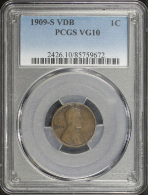 Obverse of this 1909-S VDB Lincoln Cent Wheat Reverse PCGS VG-10 BN