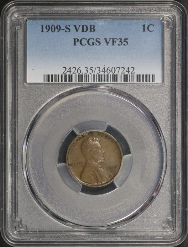 Obverse of this 1909-S VDB Lincoln Cent Wheat Reverse PCGS VF-35 BN