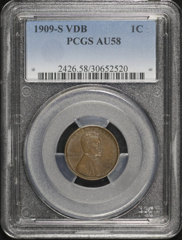Obverse of this 1909-S VDB Lincoln Cent Wheat Reverse PCGS AU-58 BN