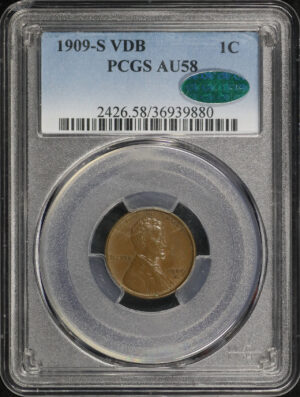 Obverse of this 1909-S VDB Lincoln Cent Wheat Reverse PCGS AU-58 BN
