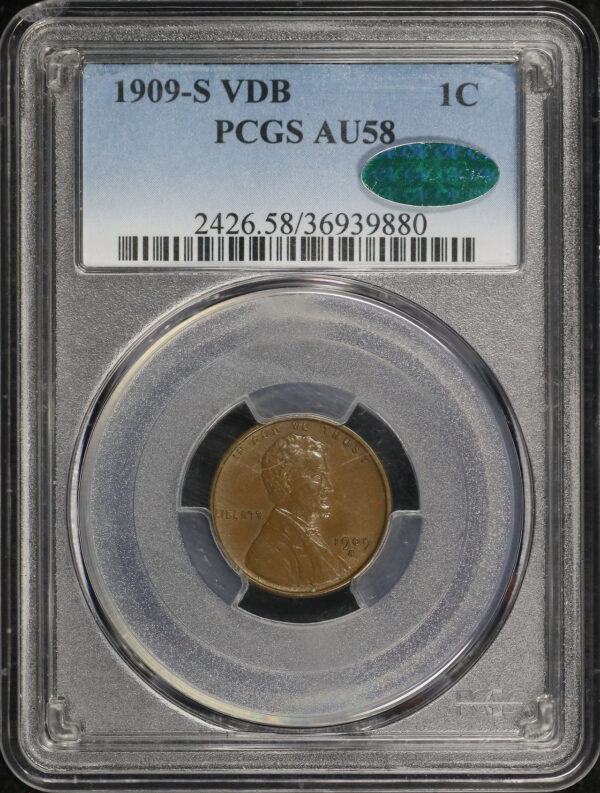 Obverse of this 1909-S VDB Lincoln Cent Wheat Reverse PCGS AU-58 BN