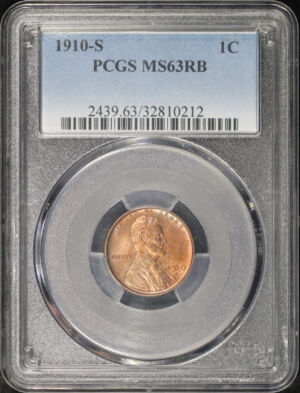 Obverse of this 1910-S Lincoln Cent Wheat Reverse PCGS MS-63 RB