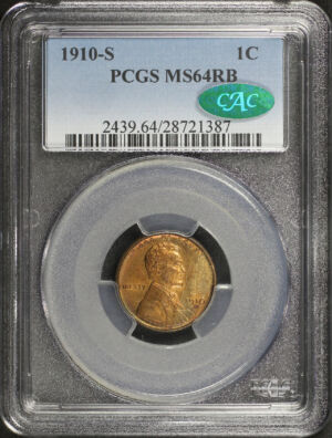 Obverse of this 1910-S Lincoln Cent Wheat Reverse PCGS MS-64 RB CAC