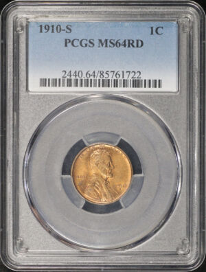 Obverse of this 1910-S Lincoln Cent Wheat Reverse PCGS MS-64 RD