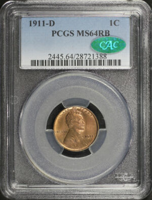 Obverse of this 1911-D Lincoln Cent Wheat Reverse PCGS MS-64 RB CAC