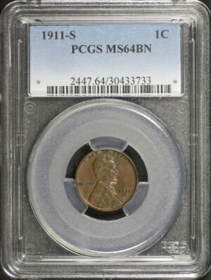 Obverse of this 1911-S Lincoln Cent Wheat Reverse PCGS MS-64 BN