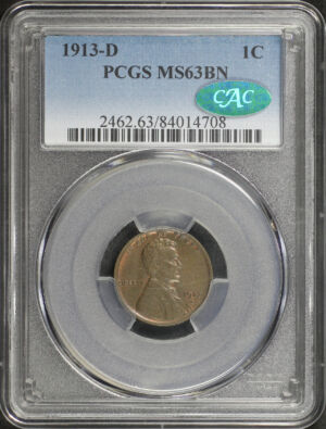 Obverse of this 1913-D Lincoln Cent Wheat Reverse PCGS MS-63 BN CAC
