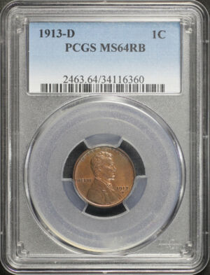 Obverse of this 1913-D Lincoln Cent Wheat Reverse PCGS MS-64 RB