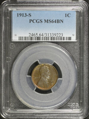 Obverse of this 1913-S Lincoln Cent Wheat Reverse PCGS MS-64 BN